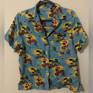 Vibrant Blue Tropical Print Women's Button Down Shirt